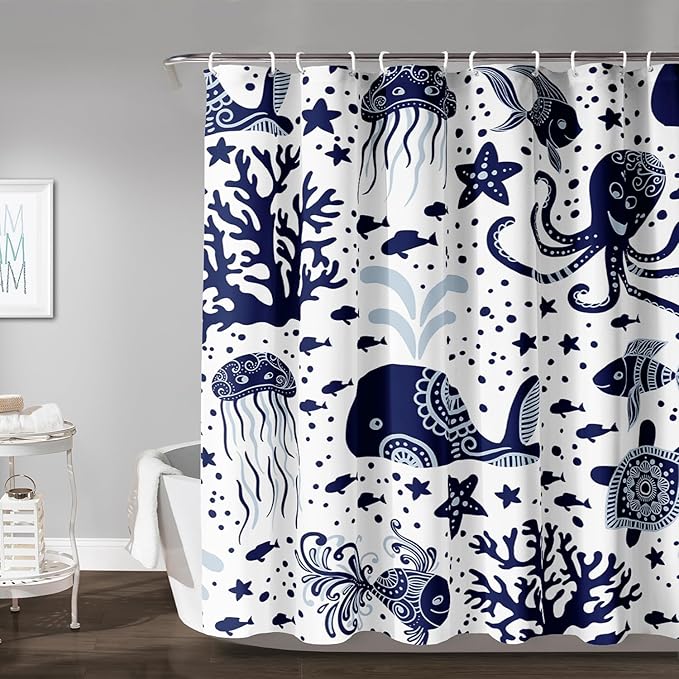 AILONEN Cartoon Dolphin Shower Curtain for Kids 72" W*72" H Inch,Blue Whales Octopuses Turtles Pattern Shower Curtain,Ocean Life Theme 12 Pack Hooks Polyester Waterproof Fabric Decor for Bathroom