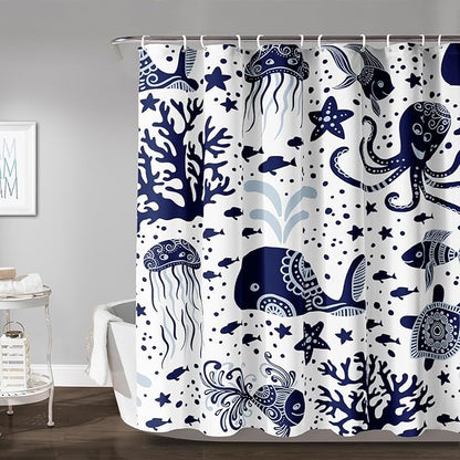AILONEN Cartoon Dolphin Shower Curtain for Kids 72" W*78" H Inch,Blue Whales Octopuses Turtles Pattern Shower Curtain,Ocean Life Theme 12 Pack Hooks Polyester Waterproof Fabric Decor for Bathroom