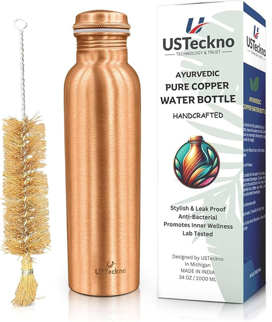 Copper Water Bottle - 34 Oz Extra Large Handcrafted Ayurvedic Copper Bottle for Travel,Yoga,Gym Lower Your Sugar Intake And Enjoy Health Benefits Immediately. Lab Tested (Smooth Finish)