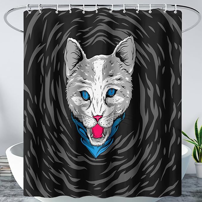 AILONEN Cat Shower Curtain,Cartoon Scream Cat Printed Bath Curtain for Teens,Polyester Waterproof for Bathroom,72" W*84" H with 12 Plastic Hooks
