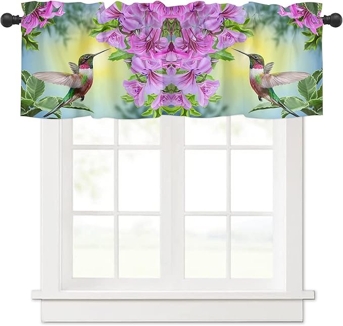 Pink Flowers Valance Curtains for Kitchen Window, Hummingbird Rod Pocket Valances Window Treatments Short Curtains for Bedroom/Living Room,54" X 18" -1 Panel,