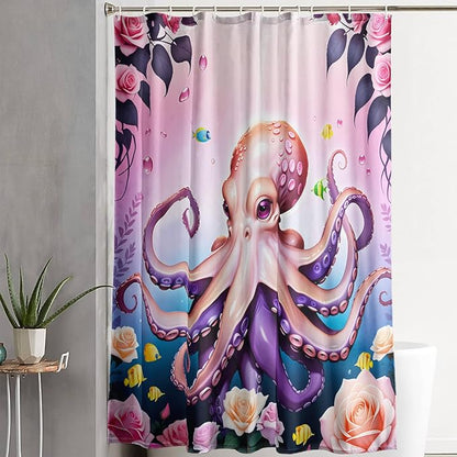 AILONEN Cartoon Pink Octopus Shower Curtain for Bathroom,Octopus Tentacles with Rose Bath Curtain for Kids,Girls,Ocean Animal Theme Waterproof Fabric Shower Curtain Set with Hooks,72" W*84" H