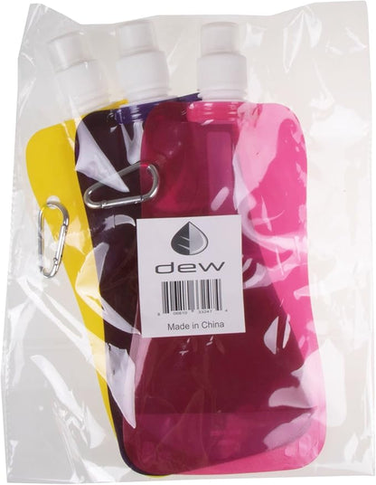 Clever Creations Collapsible Sports Water Bottle 3 Pack, Foldable Leak Proof Travel Bottles for Camping and Hiking, 480 mL Capacity, Purple, Yellow, and Pink