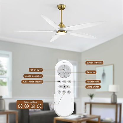54 Inch Modern Ceiling Fan with Lights and Remote, 5 Wood Blades, 6-Speed Noiseless Reversible DC Motor with Replaceable Downrods for Bedroom Living Room Dining Room, White and Gold.