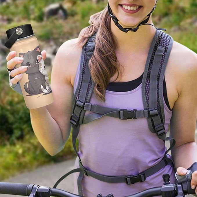 Cat Insulated Water Bottle with Handle Stainless Steel Water Bottle 18 Oz Travel Cup Reusable for Travel Camping Hiking Bike Sports Gym & Office