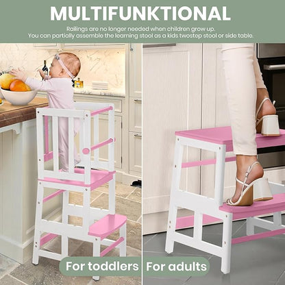 COSYLAND Kids Kitchen Step Stool, Toddler Standing Tower with CPC & FSC Certification, Removable Anti-Drop Railing Safety Rail Enjoys Unique Patented Design A Anti-tip Stable Structure Pink & White