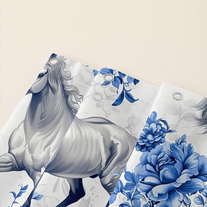 AILONEN Blue Floral Horse Shower Curtain,Farm Animal Printed Galloping Horse Bath Curtain,Minimalist Flower Girls Women Bathroom Curtain Decor, 36" W x 72" H