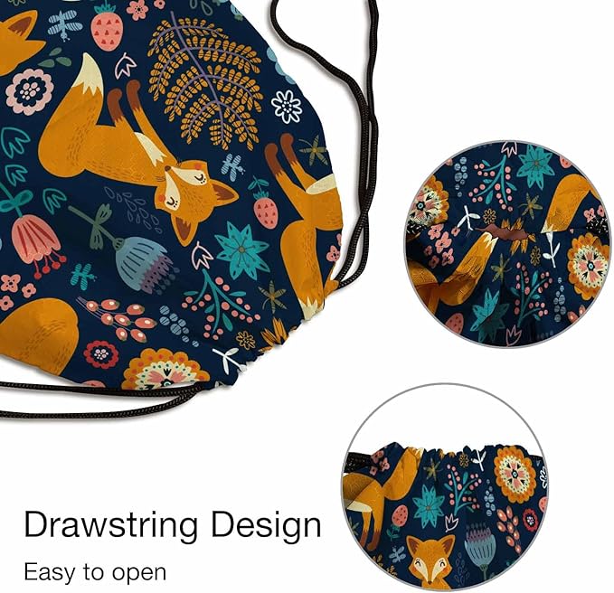 Drawstring Bag Cute Fox Waterproof Basketball Bag Colorful Flower Red Bird Autumn Plants Stroage Small Exercise Accessiors Water Bottle Change of Clothes Shoes Ball