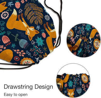 Drawstring Bag Cute Fox Waterproof Basketball Bag Colorful Flower Red Bird Autumn Plants Stroage Small Exercise Accessiors Water Bottle Change of Clothes Shoes Ball