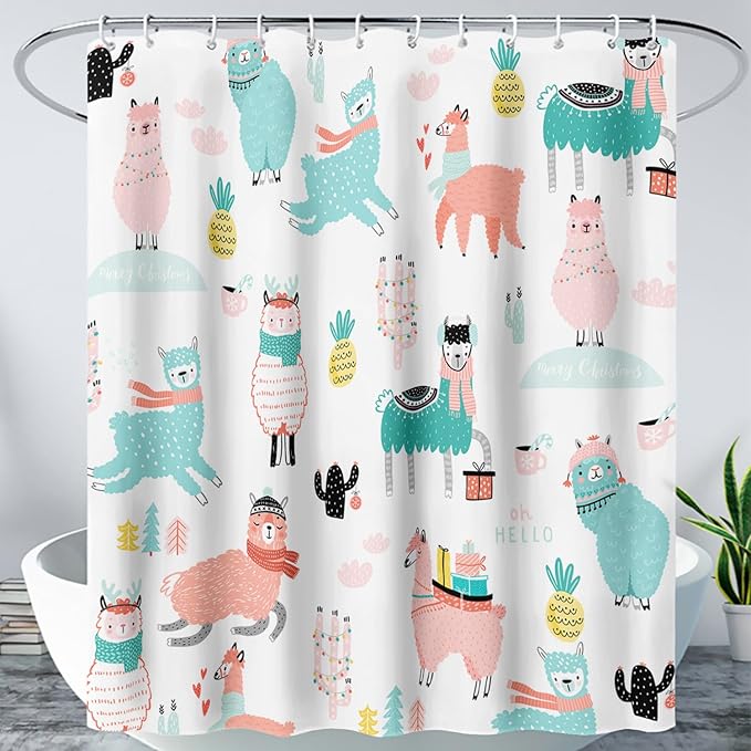 AILONEN Cute Llama Alpaca Shower Curtain 36" W*72" H Bathroom Curtains for Kids,Cartoon Animals Colorful Girls Cactus Bath Decor Fabric Polyester Waterproof Shower Curtain with 12 Pack Plastic Hooks