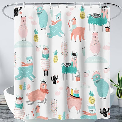 AILONEN Cute Llama Alpaca Shower Curtain 72" W*84" H Bathroom Curtains for Kids,Cartoon Animals Colorful Girls Cactus Bath Decor Fabric Polyester Waterproof Shower Curtain with 12 Pack Plastic Hooks