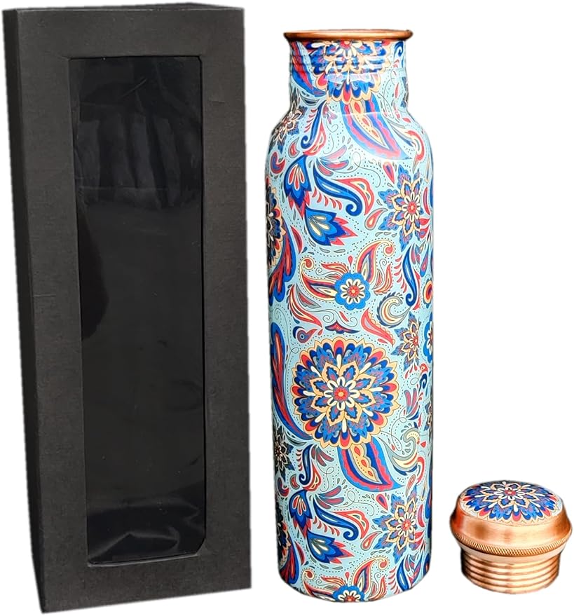 Copper Ayurveda Copper Water Bottle for Drinking – Travel Water Bottle for Gym, Yoga, Office, Hiking, Outdoor – with Lid (Yellw Pink floral) (Blue Meena)