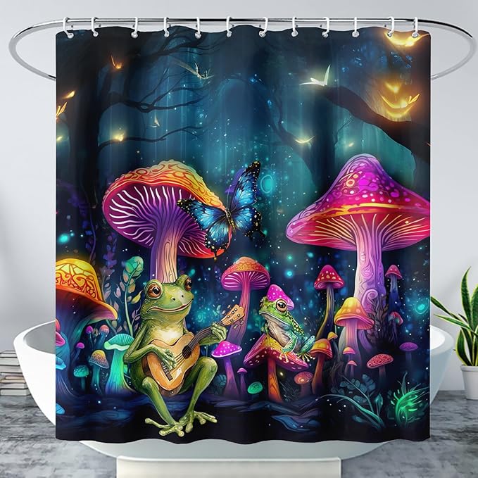 AILONEN Cartoon Frog Shower Curtain,Guitar Frog Fabric Shower Curtains for Bathroom,Magic Mushroom Weighted Polyester Cloth Bath Curtain Set,Mysterious Butterfly Bathroom Curtain,72" W*84" H