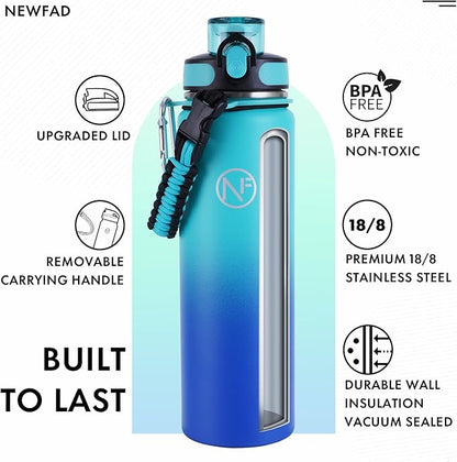 32 oz Insulated Water Bottle With Detachable Straw & Paracord Handle, Stainless Steel Thermos Water Bottle with Leakproof Lockable Lid, BPA-Free Sports Bottle (Lake Blue Gradient)