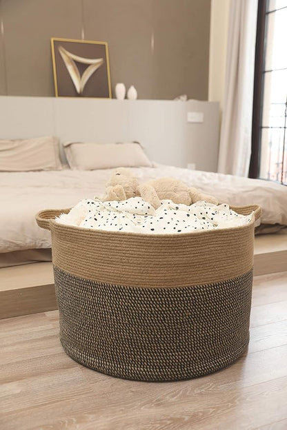 24" x 24" x 17" Max Size Large Cotton Rope Basket, Extra Large Storage Basket, Woven Laundry Hamper, Cloth Storage Bin, for Blankets Clothes Towels Pillows in Living Room, Jute/Black Mix