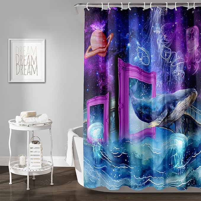 AILONEN 3D Whale Shower Curtains,Purple Galaxy Bath Curtains,Ocean Jellyfish Curtains for Kids Girls,Polyester Waterproof for Bathroom with 12 Hooks,72" W*96" H Purple