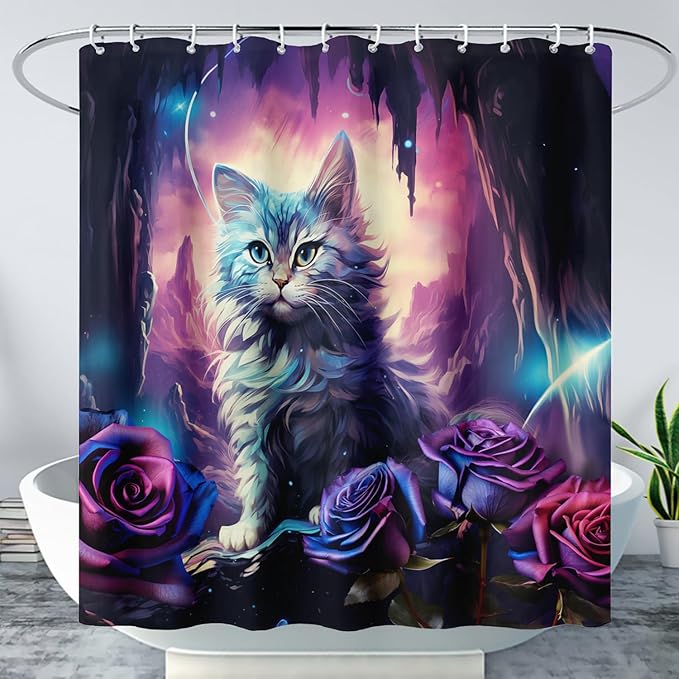 AILONEN Cool Cat Shower Curtains,Purple Rose Cat Bath Curtains for Bathroom Decor,Cave Cat Curtains for Kids,48" W*72" H Polyester Waterproof with 12 Plastic Hooks