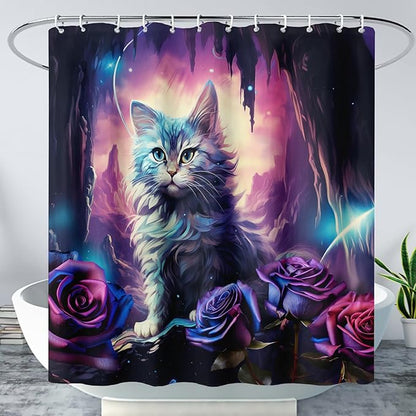 AILONEN Cool Cat Shower Curtains,Purple Rose Cat Bath Curtains for Bathroom Decor,Cave Cat Curtains for Kids,72" W*78" H Polyester Waterproof with 12 Plastic Hooks