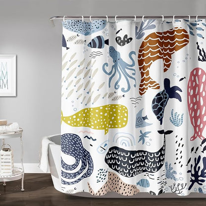 AILONEN Cartoon Dolphin Shower Curtain for Kids 72" W*72" H Inch,Colorful Whales Octopuses Pattern Shower Curtain,Marine Life Theme 12 Pack Hooks Polyester Waterproof Fabric Decor for Bathroom