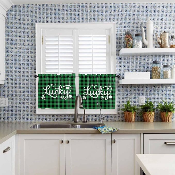 St. Patrick's Day Buffalo Plaid Kitchen Curtains and Valances Set, Lucky Shamrocks Clover Window Tiers Rustic Green Black Half/Short Curtains for Small Windows Cafe /Living Room/ Bedroom 54x24 in