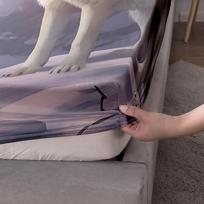 AILONEN Snow Wolf Fitted Sheet Set Full Size, Winter Sunset Wildlife Wolf Bed Sheet Set for Boys Girls Adults,Safari Wolves Print Fitted Sheet with 2 Pillowcases,3 Pieces