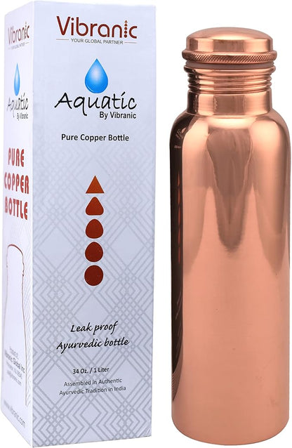Aquatic Copper Water Bottle 34oz - Leak Proof - Ayurvedic Copper Bottle -Perfect Ayurvedic Copper Vessel for Sports, Fitness, Yoga - Natural Health Benefits - Plain - Made in India