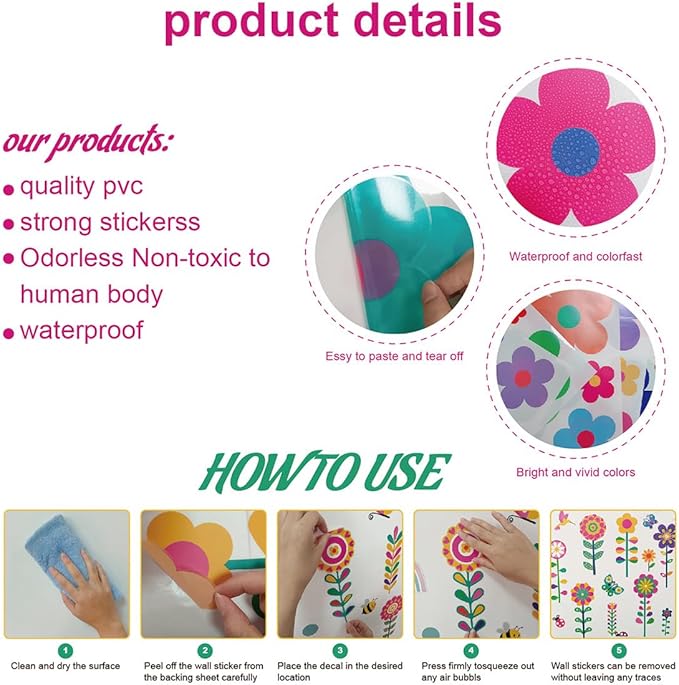 Pink Flower Wall Decals - Flower Peel and Stick Wall Stickers Vinyl Peony Floral Wall Stickers Pastel Flower Decor for Girls Bedroom Nursery Classroom Living Room (Colorful Flower)