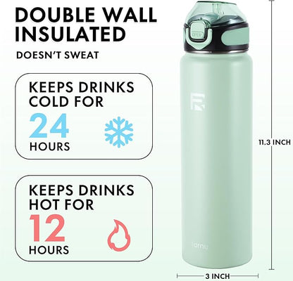32 oz Insulated Water Bottle with Straw, Stainless Steel Metal Thermos Bottles, Durable Non-Slip Gradient Bottle with Strap for Sports and Travel, Leak Proof (Mint Matte)