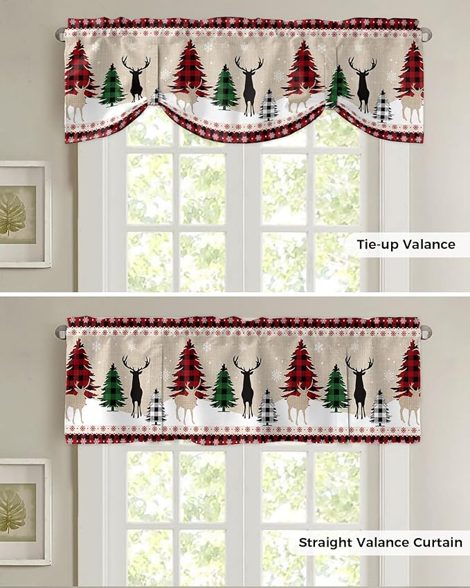 Farmhouse Christmas Blackout Tie Up Valance Curtains for Kitchen Windows Rustic Plaid Christmas Tree Snowflakes Window Toppers Balloon Shades for Living Room/Bathroom/Bedroom,60" X 18" Red Green Black