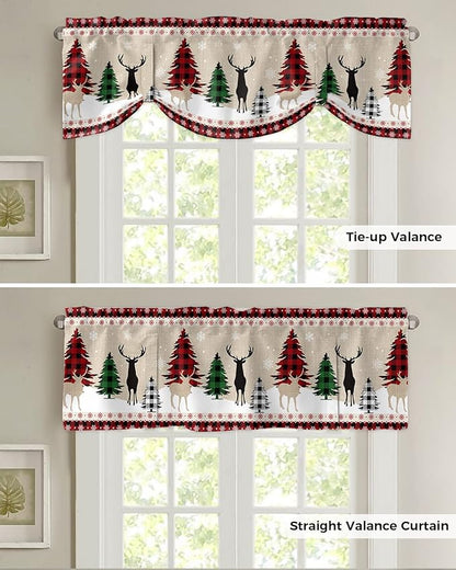 Farmhouse Christmas Blackout Tie Up Valance Curtains for Kitchen Windows Rustic Plaid Christmas Tree Snowflakes Window Toppers Balloon Shades for Living Room/Bathroom/Bedroom,60" X 18" Red Green Black