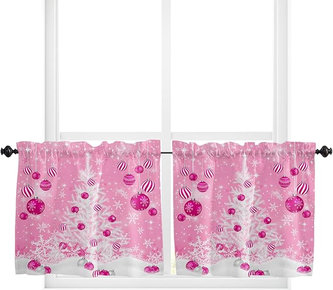 Pink Christmas Kitchen Curtains and Valances Set, White Xmas Tree Snowflakes Pink Balls Windows Treatments Tiers Half/Short Curtains for Small Windows Cafe /Living Room/ Bedroom 54x36 in Winter