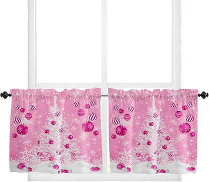 Pink Christmas Kitchen Curtains and Valances Set, White Xmas Tree Snowflakes Pink Balls Windows Treatments Tiers Half/Short Curtains for Small Windows Cafe /Living Room/ Bedroom 54x36 in Winter
