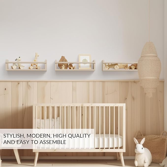 Decorative Nursery Bookshelves for Kids - Set of 3 Easy to Install Floating Shelves for Wall Mount - Beautiful Hanging Organizer Furniture for Your Baby Boy or Girl's Bedroom and Play Room Decor