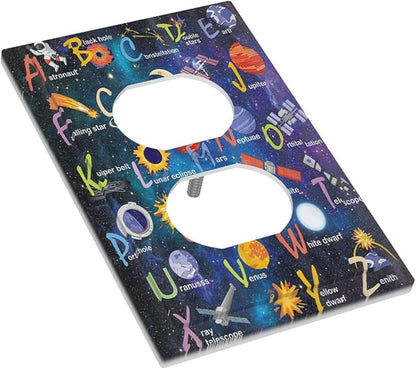 ABC Outer Space 1 Gang Outlet Plate Covers Decorative Single Duplex Wall Plate Alphabet Galaxy Electrical Receptacle Light Switch Cover Art Faceplate Switchplate for Kidroom Boyroom Livingroom Decor