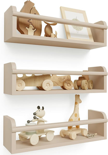 Decorative Nursery Bookshelves for Kids - Set of 3 Easy to Install Floating Shelves for Wall Mount - Beautiful Hanging Organizer Furniture for Your Baby Boy or Girl's Bedroom and Play Room Decor