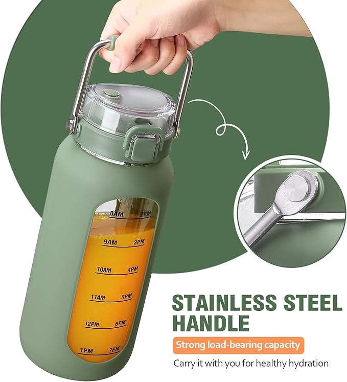 kytffu 64 oz Glass Water Bottle with Straw and Stainless Steel Handle, Half Gallon Water Bottle with Silicone Sleeve and Time Marker, 2L Large Glass Bottle for Gym, School, Travel, Leak-proof (olive)