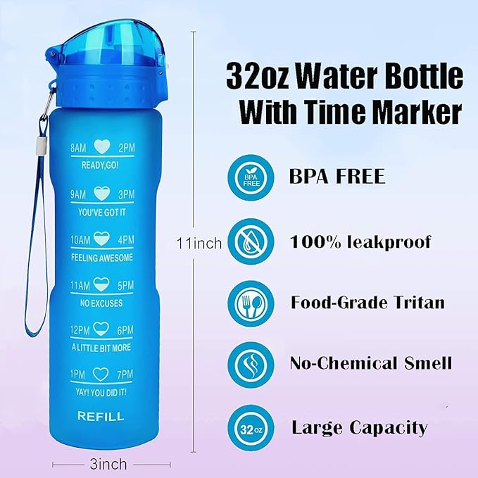 XACIOA Water Bottle with Straw,32oz Plastic Cup with Motivational Time Marker,1L Tritan Sport Lightweight Leakproof BPA-Free,Wide Mouth Fast Flow Ensure You Have Times to Drink,with Straw & Cup Brush