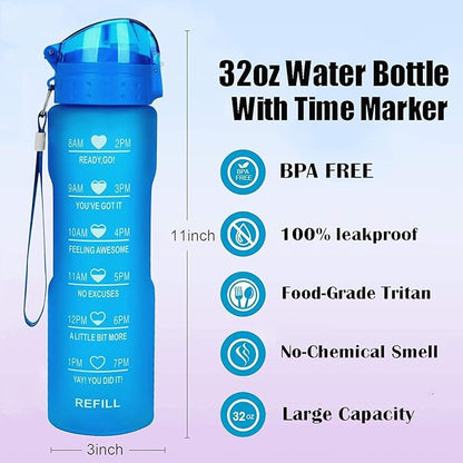 XACIOA Water Bottle with Straw,32oz Plastic Cup with Motivational Time Marker,1L Tritan Sport Lightweight Leakproof BPA-Free,Wide Mouth Fast Flow Ensure You Have Times to Drink,with Straw & Cup Brush