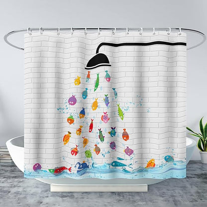 AILONEN Cute Fish Shower Curtain for Kids 72" W*96" H Inch,Raining Fish Playing Water Shower Curtains,12 Pack Hooks Polyester Waterproof Fabric Decor for Bathroom Bathtub Panels
