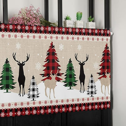 Farmhouse Christmas Kitchen Curtains Valances for Windows Rustic Plaid Christmas Tree Snowflakes Rod Pocket Short Curtain for Kitchen /Living Room/Bedroom/ Bathroom,42" X 18" -1 Panel, Red Green Black