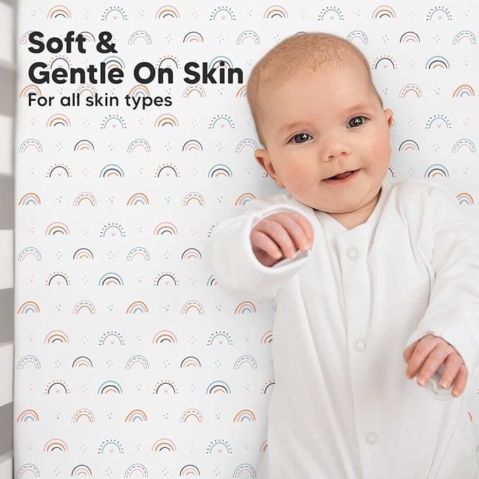 2-Pack Organic Crib Sheets for Boys, Girls - Jersey Fitted Crib Sheet, Baby Crib Sheets Neutral, Crib Mattress Sheet, Cotton Crib Sheets, Breathable Crib Sheet, Baby Mattress Sheets (Jolly Rainbow)