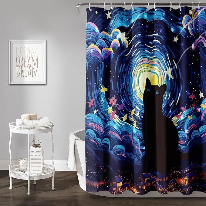 AILONEN Cartoon Black Cat Shower Curtain Set,Starry Night Bath Curtain for Kids Girls Boys,Country Style Shower Curtain,Cat Lovers Animal Shower Curtains for Bathroom Decor, 36" W*72" H