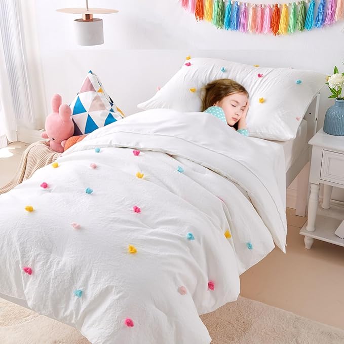 4 Piece White Boho Toddler Bedding Sets for Girls Colorful Pom Pom Comforter Set Jacquard Tufted Dot Crib Bed Sheets Set for Baby Bed in a Bag, Include Comforter, Flat Sheet, Fitted Sheet, Pillowcase