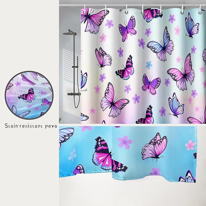 AILONEN Pink Butterfly Girls Shower Curtain for Bathroom Decor,Beautiful Floral Butterfly Women Butterfly Bath Curtain 72" W*72" H Polyester Waterproof Bathroom Curtain with 12 Hooks