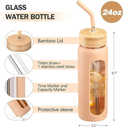 Glass Water Bottles with Straw -24oz- Water Bottle Phone Holder for Gym Sports Water Bottles with Silicone Sleeve Glass Drinking Bottles 2 Lids - Spout & Bamboo Straw Lid(Amber)
