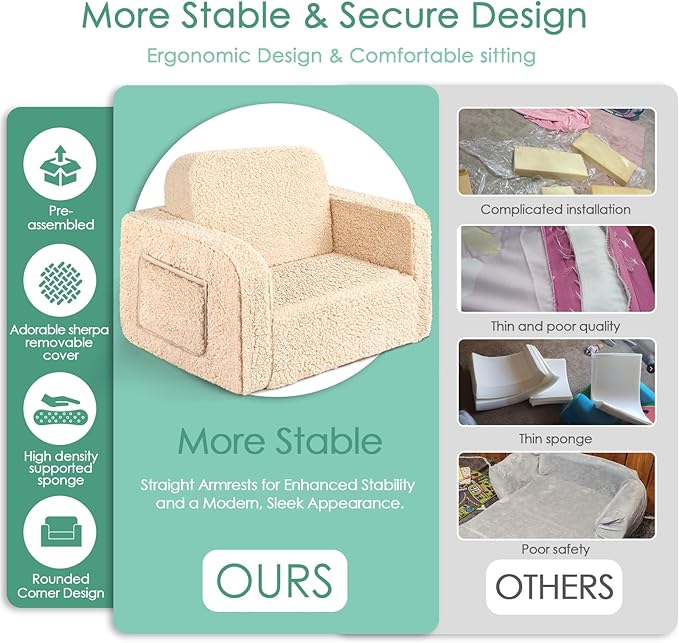 ACRABROS Kids Couch Toddler Chair: Sofa Bed Fold Out for Girls Boys Beige