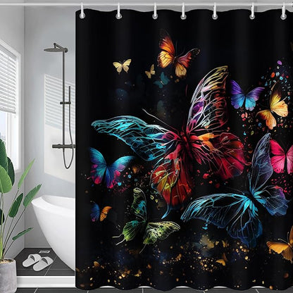 AILONEN Colorful Butterfly Shower Curtain, Tie Dye Butterfly Bath Curtain,Modern Fashion Minimalist Decorative Shower Curtain with 12 Plastic Hooks (Kids/Girls/Women/Teen/) Black 72" W*84" H