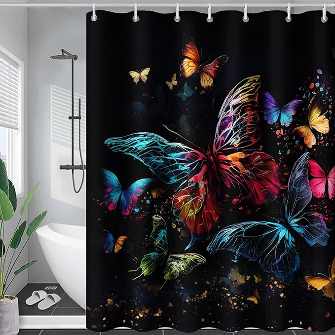 AILONEN Colorful Butterfly Shower Curtain, Tie Dye Butterfly Bath Curtain,Modern Fashion Minimalist Decorative Shower Curtain with 12 Plastic Hooks (Kids/Girls/Women/Teen/) Black 72" W*72" H