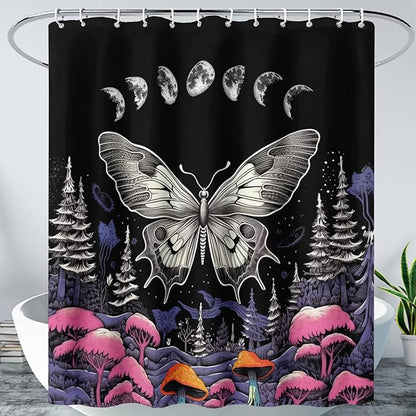 AILONEN Moth Shower Curtain for Kids Girls Boys, Boho Sun Moon with Mushroom Shower Curtains for Bathroom,Natural Plants Shower Curtain Set with Hooks,60" W*72" H
