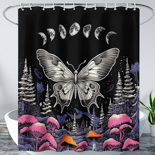 AILONEN Moth Shower Curtain for Kids Girls Boys, Boho Sun Moon with Mushroom Shower Curtains for Bathroom,Natural Plants Shower Curtain Set with Hooks,72" W*84" H